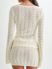 Back view of a woman wearing a Button Up Crochet Cardigan and Skirt Sweater Set, showcasing the textured knit design.