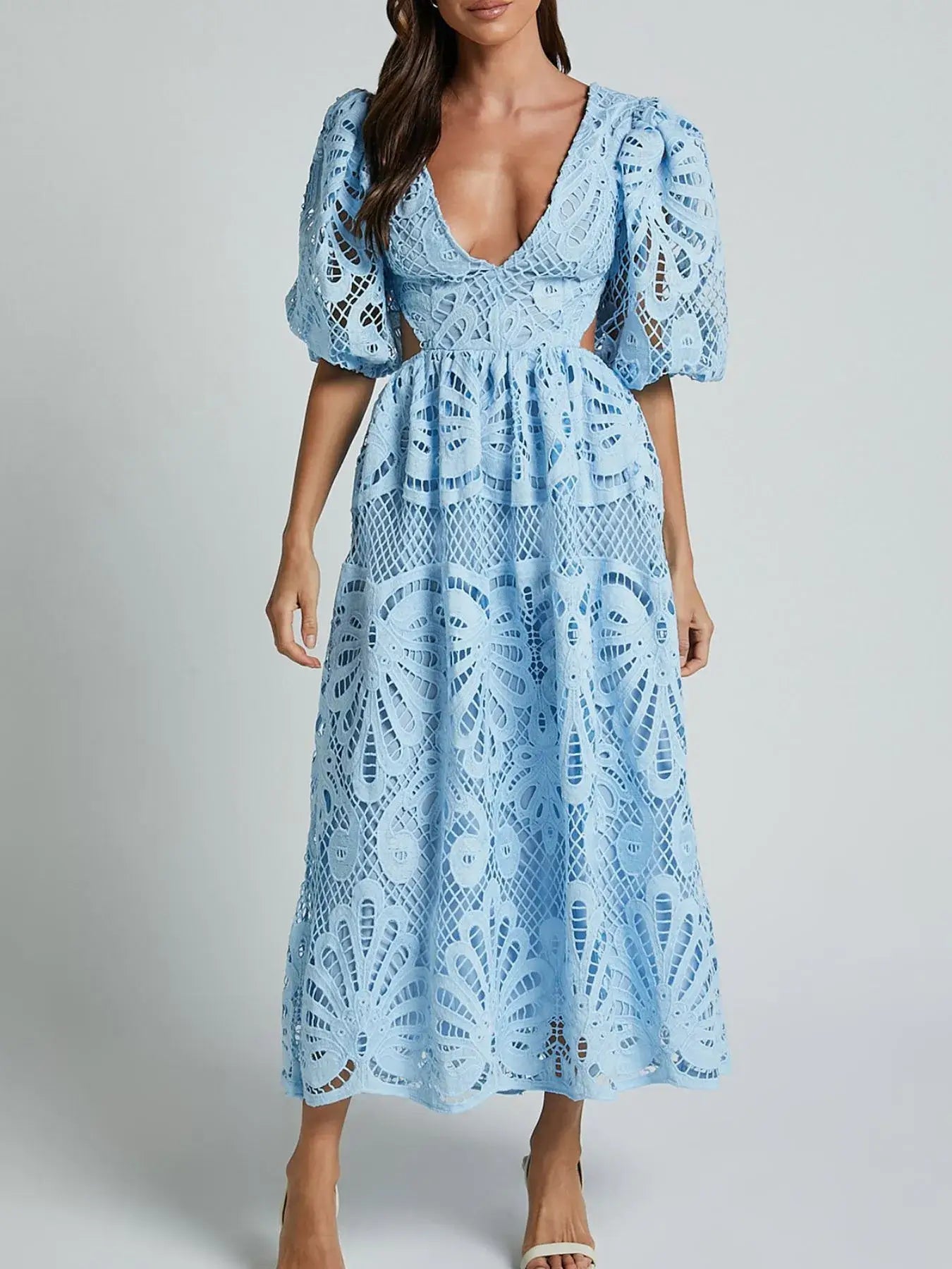 Elegant blue cutout back lace crochet V-neck dress with intricate detailing, perfect for special occasions and evening events.