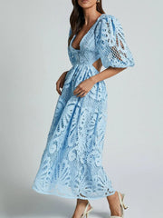 Elegant blue cutout back lace crochet V-neck dress with intricate detailing, perfect for special occasions.
