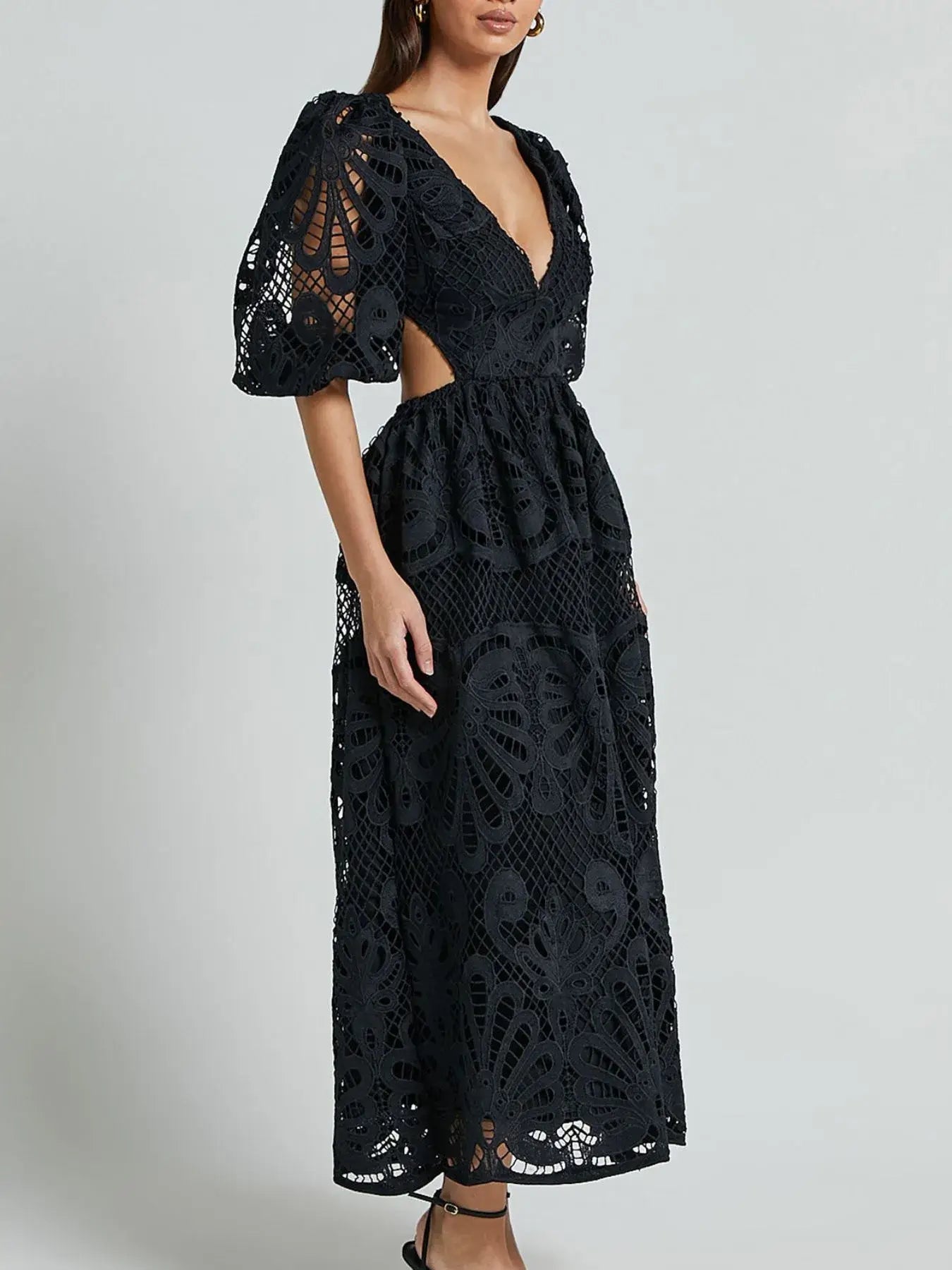 Elegant cutout back lace crochet V-neck dress with intricate detailing, perfect for evening events and special occasions.
