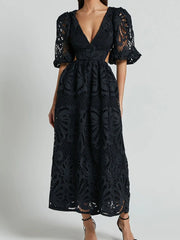Elegant cutout back lace crochet V-neck dress with intricate details, perfect for evening occasions and special events.