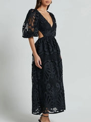 Elegant cutout back lace crochet V-neck dress with intricate detailing, perfect for evening events and special occasions.