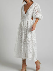 Cutout back lace crochet V-neck dress, elegant white with intricate detailing, perfect for evening soirées and special occasions.