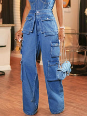 Wide Leg Cargo Jeans with spacious pockets and relaxed fit, paired with stylish accessories for a modern street-chic look.