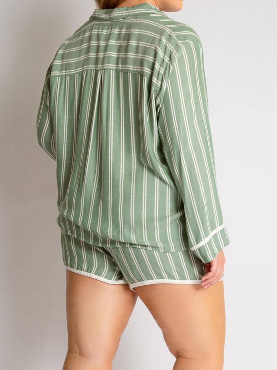 Striped Collared Neck Long Sleeve Top and Shorts Lounge Set.