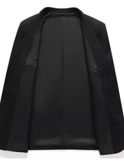 Men's Classic Fit Two-Button Blazer open view, black, acrylic polyester blend, normal thickness, imported, machine washable.