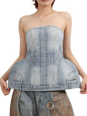 Zip Back Denim Tube Top featuring strapless design with panel details and zip-back closure for a structured and modern look.