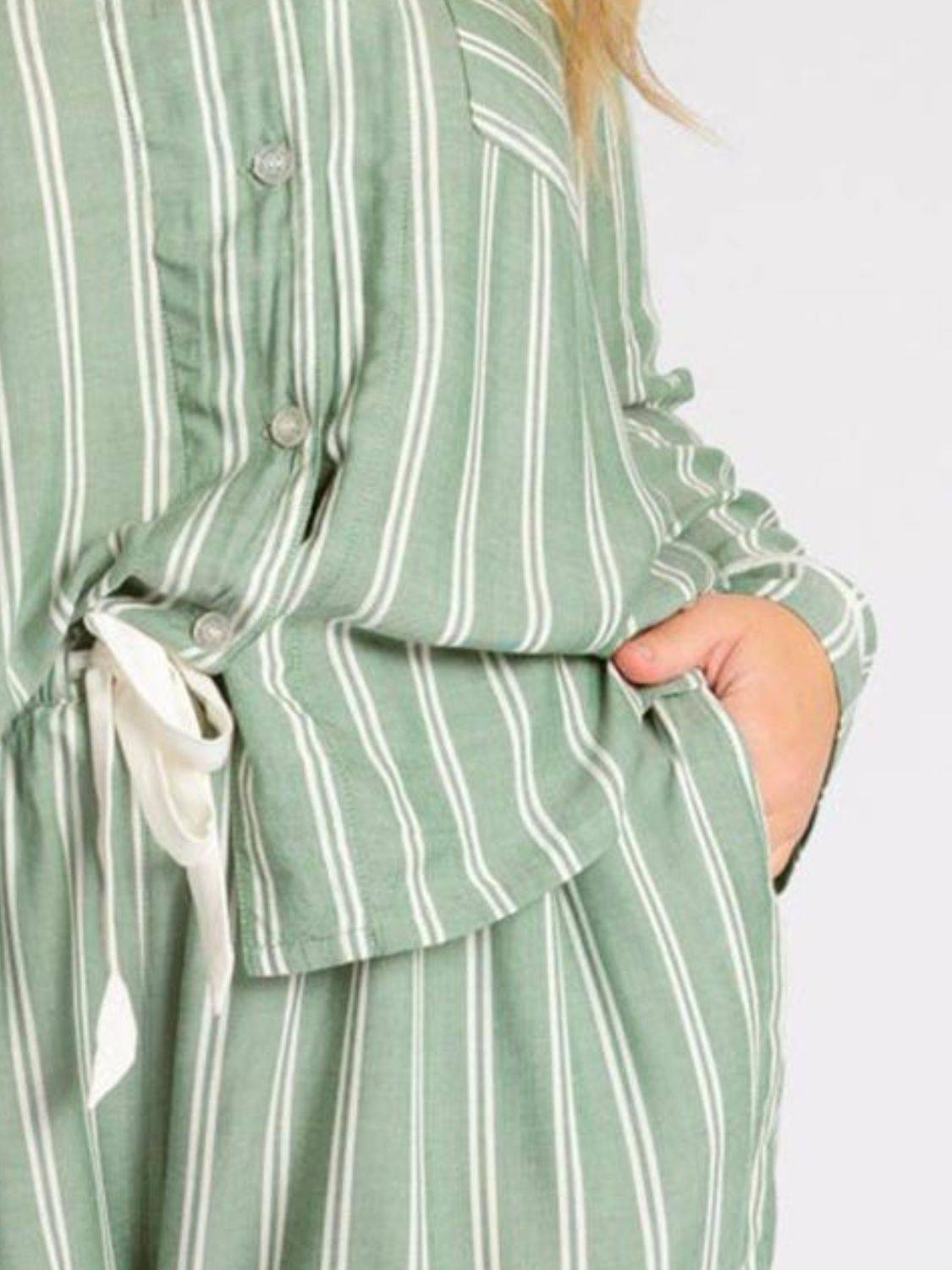 Striped Collared Neck Long Sleeve Top and Shorts Lounge Set.