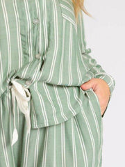 Striped Collared Neck Long Sleeve Top and Shorts Lounge Set.