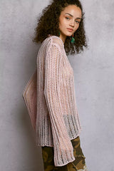Model wearing the POL Openwork Round Neck Knit Cover Up with an open-knit pattern and relaxed fit, ideal for layering.