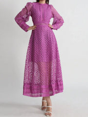 Violet lace long sleeve midi dress with geometric cutouts and sheer puffed sleeves, elegant fashion for special occasions.
