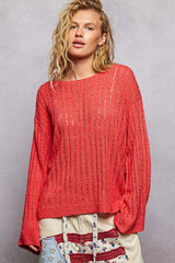 POL Round Neck Long Sleeve Open Weave Sweater featuring a relaxed fit and lightweight open-weave texture in vibrant coral.
