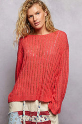 POL Round Neck Long Sleeve Open Weave Sweater in coral, featuring a relaxed fit and breathable open-weave design.