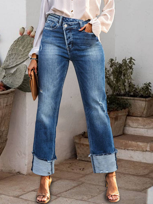 Stepped Waist Raw Hem Rolled Straight Jeans.