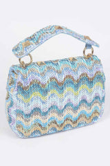 Faux Straw Flap Top Handle Bag featuring a colorful zigzag pattern and a stylish top handle.