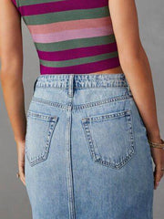 Raw Hem Front Slit Denim Midi Skirt.