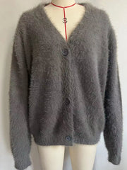 Fuzzy Knit Mohair Cardigan Button Down in soft grey with button details and a cozy design.