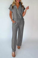 Half Zip Polo Tee Casual Pant Set featuring a zippered top and comfortable wide-leg pants in grey.