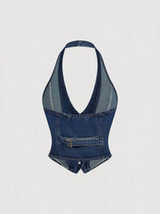 Halter Neck Denim Vest and Wide-Leg Jeans Set featuring a stylish denim vest with pockets.