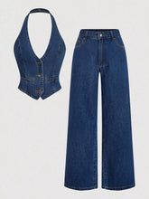 Halter Neck Denim Vest and Wide-Leg Jeans Set displayed against a neutral background, showcasing its stylish design and denim fabric.