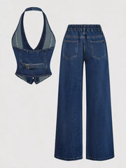 Halter Neck Denim Vest and Wide-Leg Jeans Set featuring a buttoned vest and wide-leg jeans in dark denim.