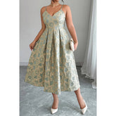 Jacquard Elegant Spaghetti Strap Dress in green with floral texture and elegant silhouette, perfect for sophisticated occasions.