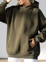 Kangaroo pocket long sleeve hoodie in olive green with comfortable fit and slight stretch for ease of movement.