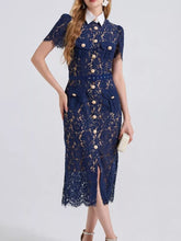 Lace Button-Down Midi Dress GirlSavvi in navy blue with lace detailing and button closure.
