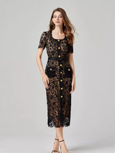Lace Button-Up Midi Dress | Savvi in black lace with gold-tone buttons and functional pockets, embodying elegance and sophistication.