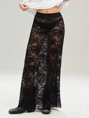 Chic sheer black lace maxi skirt perfect for layering, featuring elegant lace design with a bold, stylish touch.