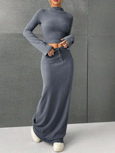 Long Sleeve Top & Drawstring Maxi Skirt Set in gray, showcasing a slightly stretchy fabric and stylish design.