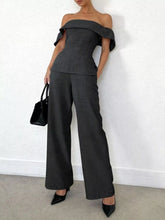 Off-Shoulder Top and Wide-Leg Pants Set in dark gray, featuring a structured top and flowing wide-leg pants for a chic look.