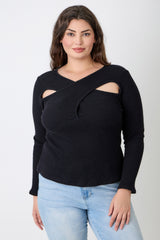 Plus Size Black Ribbed Cutout Long Sleeve Top worn by a model with stylish crossover cutout detail.