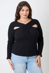 Plus Size Black Ribbed Cutout Long Sleeve Top worn by a model, showcasing its asymmetrical neckline and stylish design.
