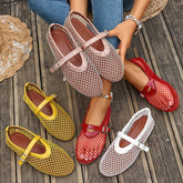 Round Toe Slip-Ons in various colors: yellow, red, white, and brown mesh flats.