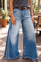 Side Seam Gathering Flare Leg Jeans in light blue, featuring a high-rise waist and gathered side seams.
