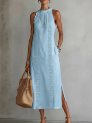 Side Slit Sleeveless Hollow-Out Trimmed Midi Dress in blue with lace trim and side slit, perfect for warm weather.