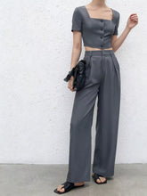 Gray Crop Top & Wide Leg Pants Set featuring a buttoned top and stylish wide leg pants in dark gray.
