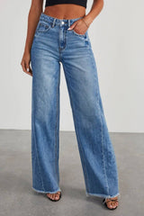 Women’s Raw Hem Wide Leg Jeans with Pockets.