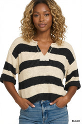 Zenana Split Neck Stripe Sweater in black and beige stripes on a model with curly hair
