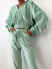 Sky blue zip up long sleeve top and pants set with a drawstring waist on a model, featuring a plush velour fabric for a cozy fit.