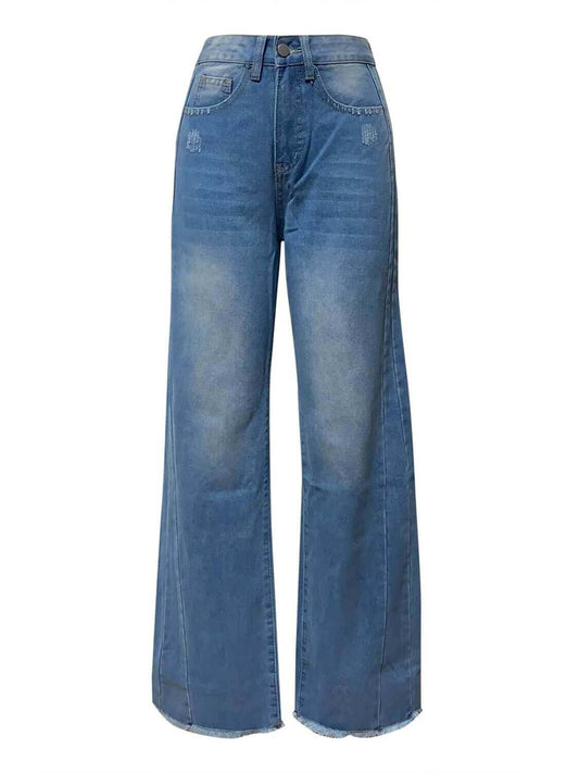 Wide-leg light blue denim jeans, perfect for versatile everyday chic outfits.