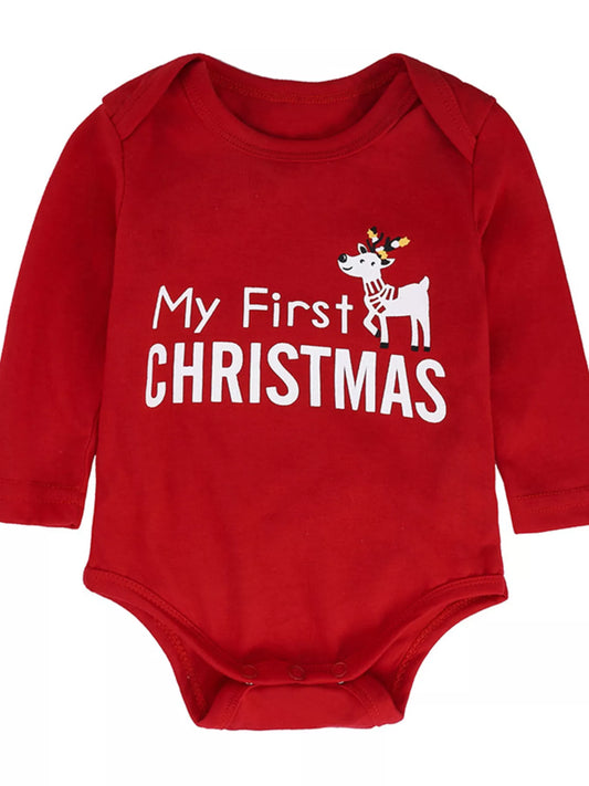 Children's My First Christmas Reindeer Baby Outfit Set red onesie with reindeer design, 95% cotton, perfect for holiday celebrations.