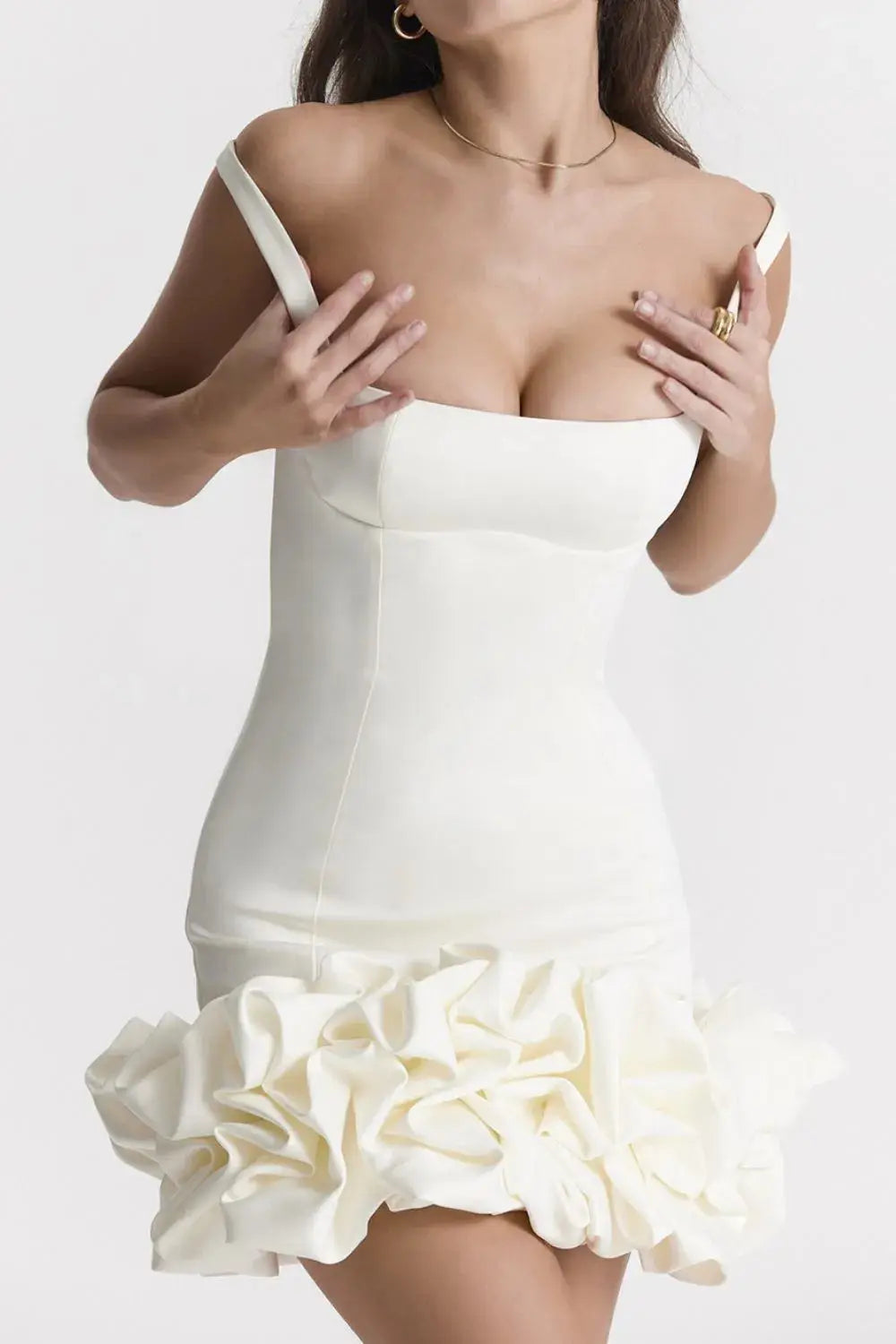 White Ruched Square Neck Sleeve Mini Dress from GirlSavvi with off-shoulder strap detail and flared ruffle hem, ideal for party looks.