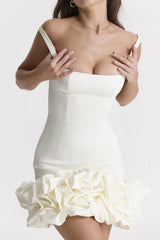 White Ruched Square Neck Sleeve Mini Dress from GirlSavvi with off-shoulder strap detail and flared ruffle hem, ideal for party looks.