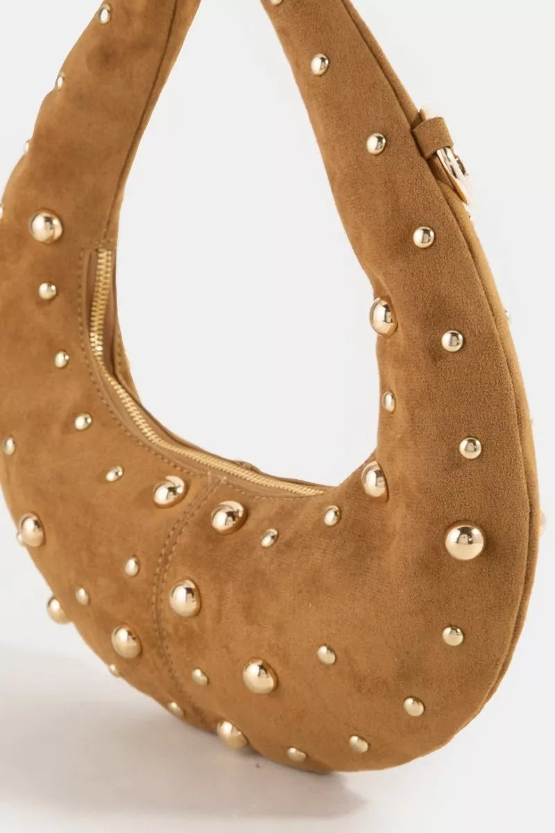 Fame Dome Studded Chrome Crescent Hand Bag with gold studs and crescent shape