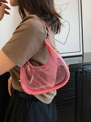 Trendy pink PU Leather PVC Shoulder Bag worn on shoulder, ideal for adding a pop of color to everyday looks.