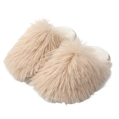 Beige round toe flats slippers with thick fluffy texture and PVC base, combining warmth and chic indoor style.