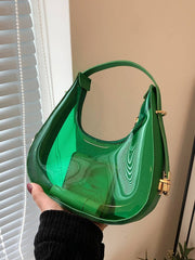 Green PU Leather PVC Shoulder Bag with glossy transparent finish, a bold and fashionable choice for standout style.