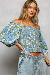 POL Floral Print Smocked Off-Shoulder Blouse featuring floral pattern and puffed sleeves.